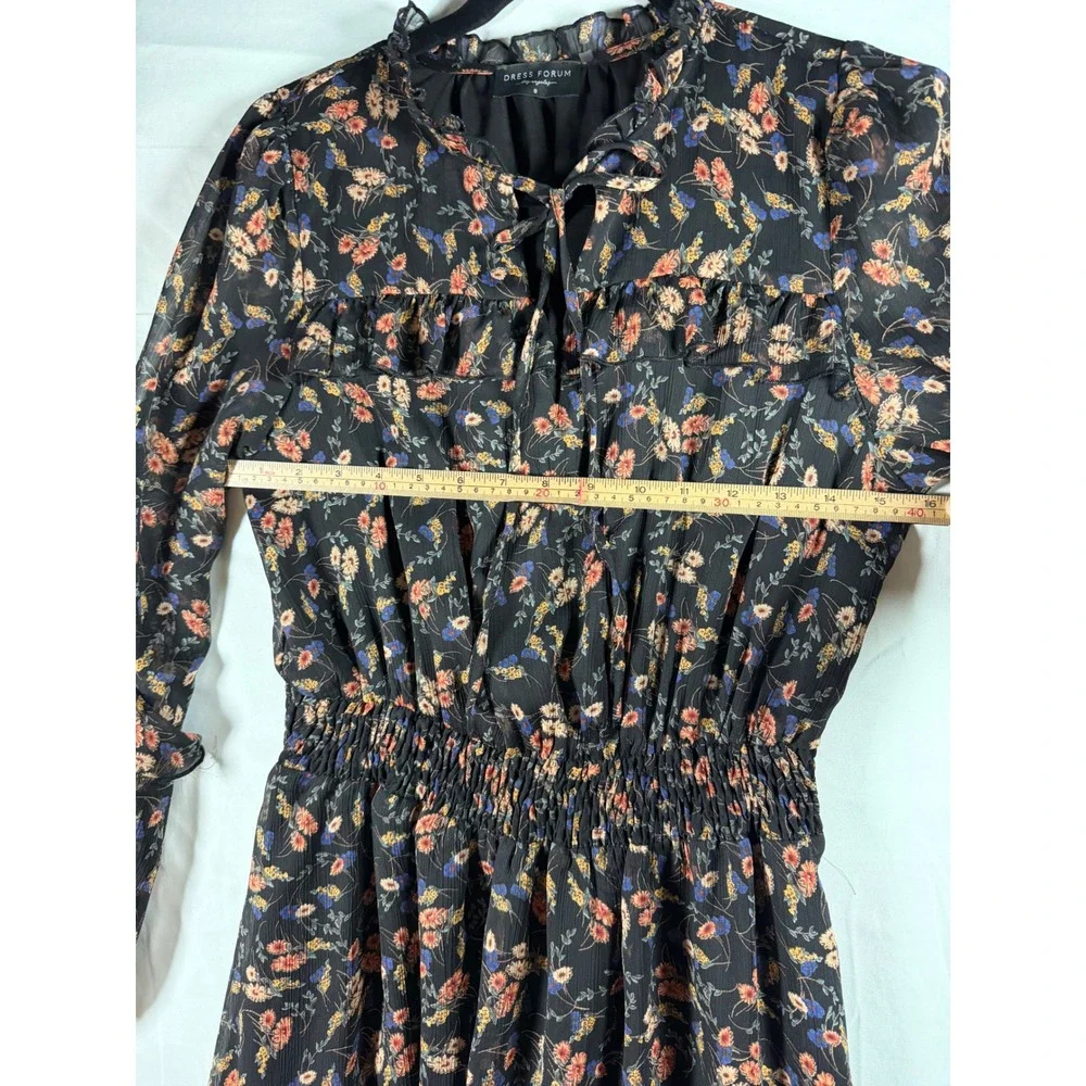 Dress Forum Floral Midi Dress Black Pink Blue Smocked Waist Ruffle sz S wedding‎